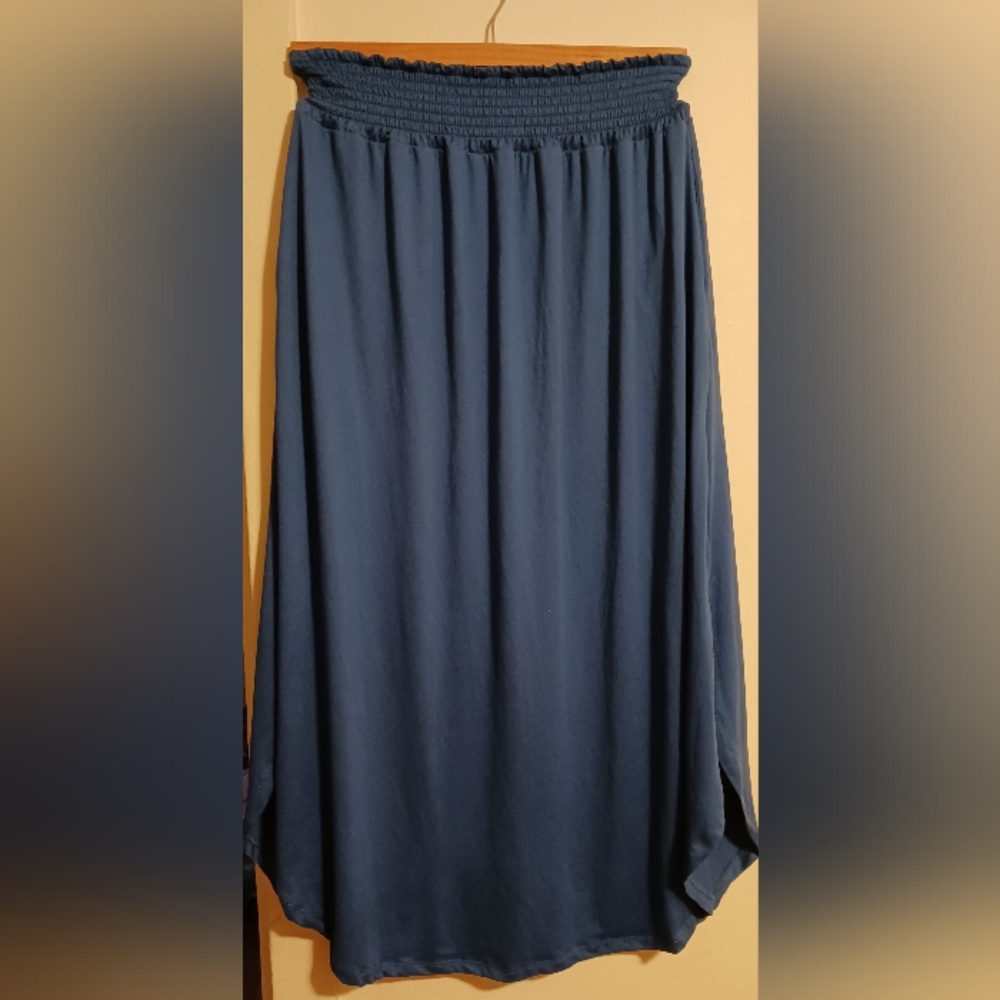 Ninexis Woman L Blue Elastic Waist Slit Sides Pockets Soft Comfy Long Flow Skirt